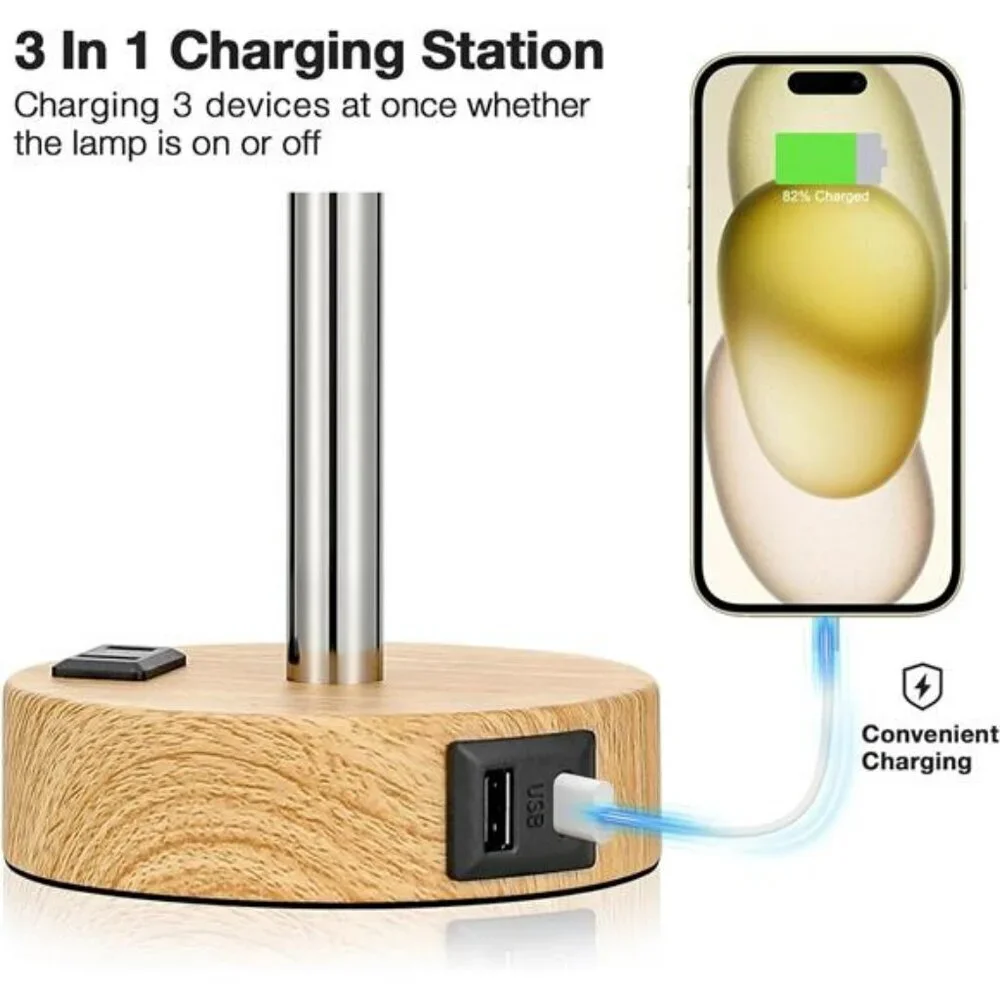 Bedside Table Lamp for Bedroom 3 Way Dimmable Touch Lamp USB C Charging Ports